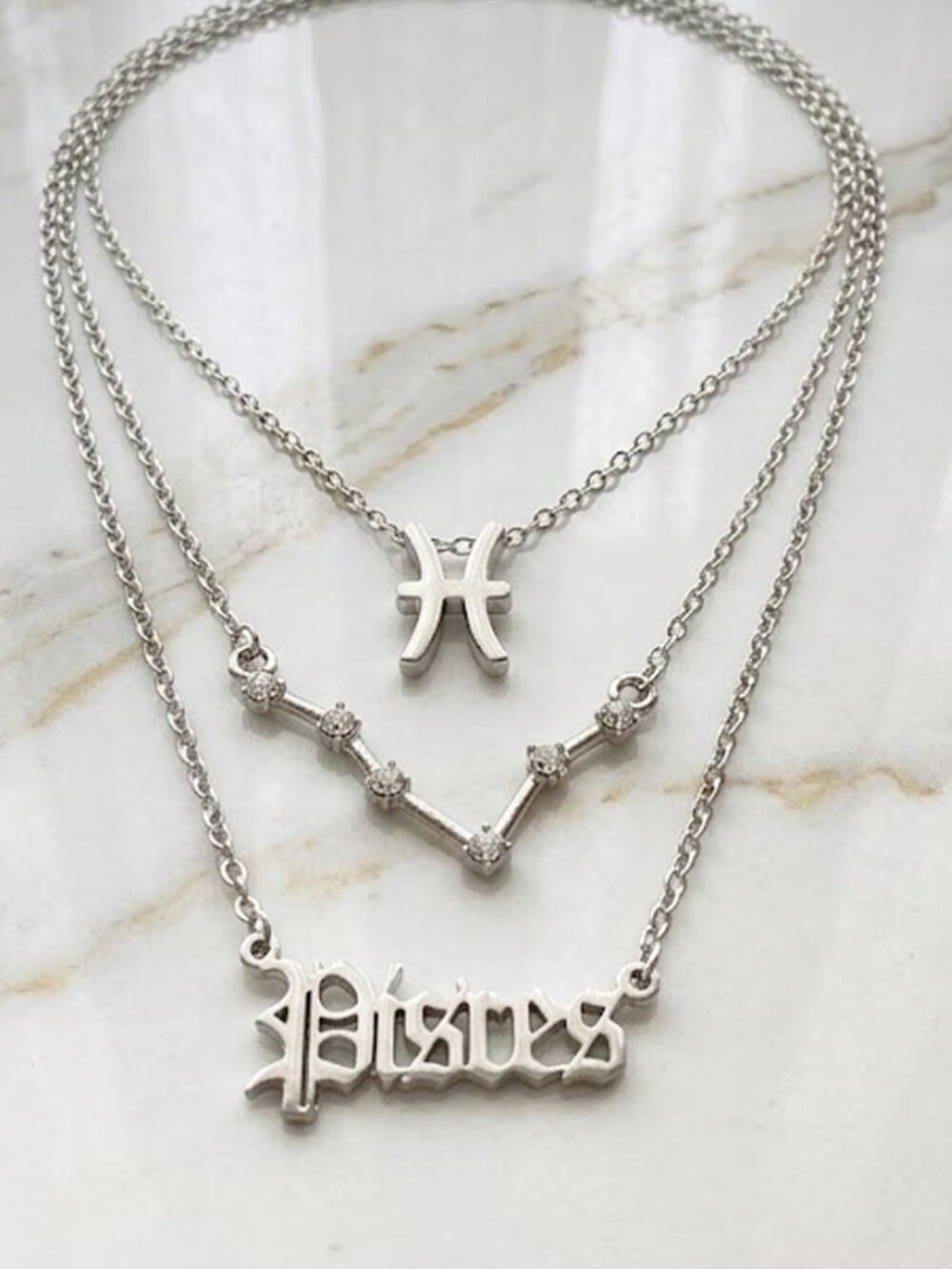 Ladies Silver Pisces Triple Birth Constellation Necklace